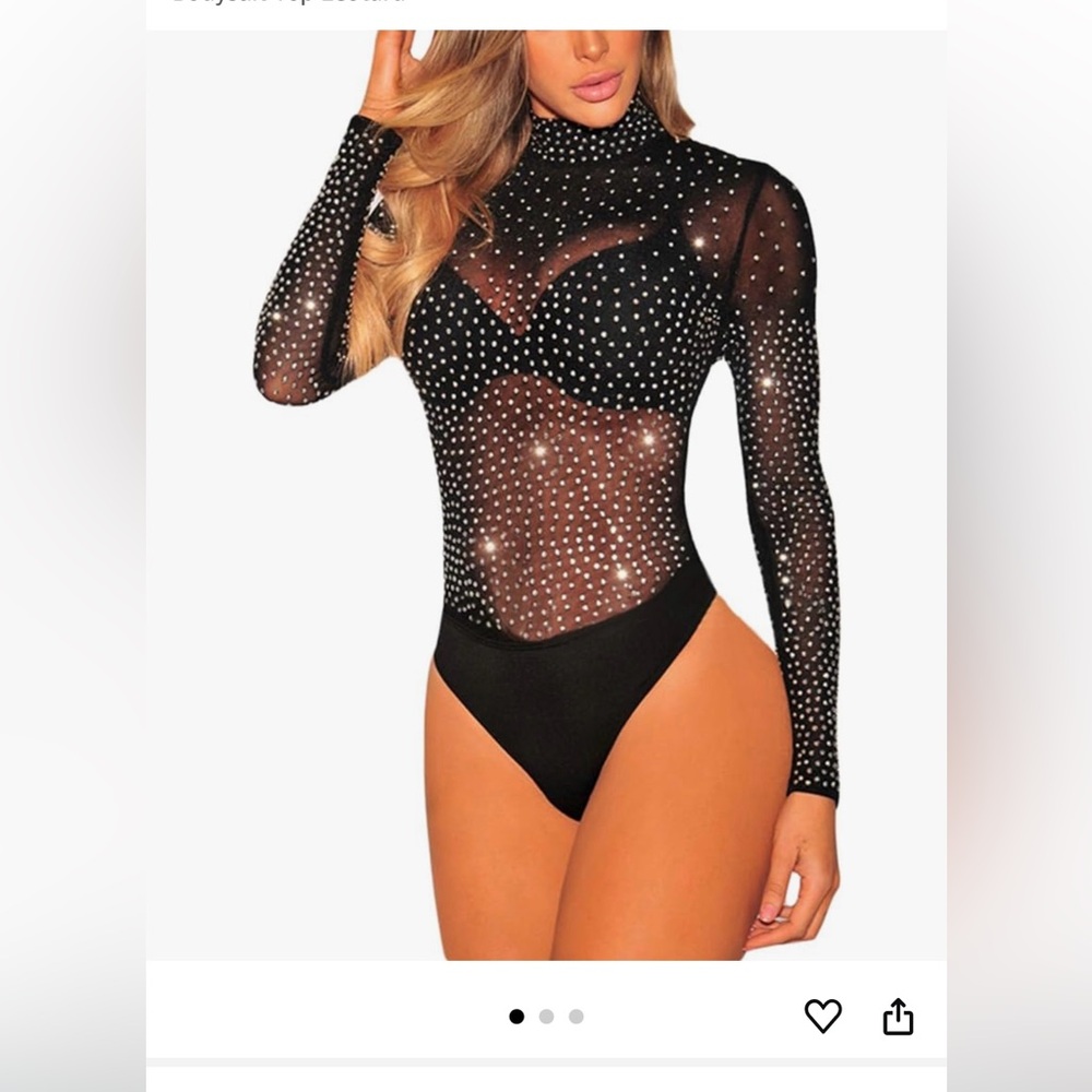 Black Long Sleeve Mesh Body Suit w Gems